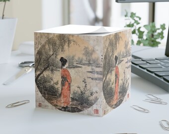 Notizwürfel mit Chinesischem Vintage-Kunstdruck, Elegante Frau in Traditioneller Kleidung