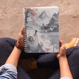 Autumnal reflection at the foggy lake: Zen-inspired spiral notebook with idyllic Chinese landscape - lined pages