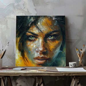 Soul Deep Look: Expressive AI Oil Painting - Dynamic Color Symphony, Intense Woman Face, Wall Art