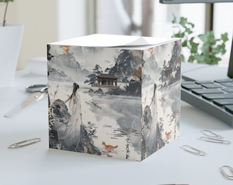 Note cube Réflexion automnale sur le lac de brouillard : paysage chinois idyllique d'inspiration zen