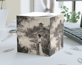Remarque cube avec paysage de jardin asiatique, femme élégante au bord du lac