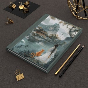 Hardcover notebook "Companions at the Misty Lake: Zen-inspired notebook with picturesque landscape and loyal cat"