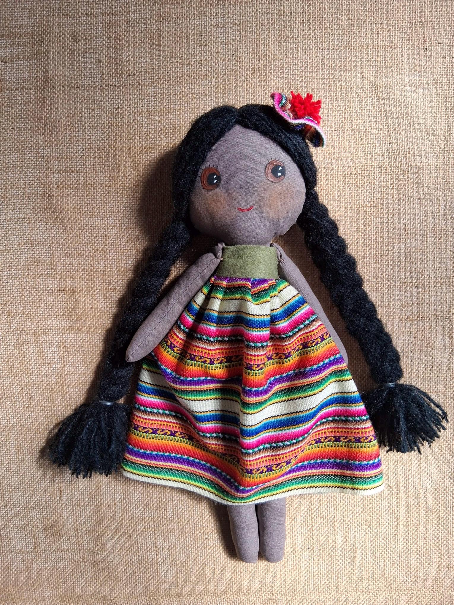 Mexican-Peruvian Rag doll,Dark skin doll, black skin princess doll, Handmade toy, Brown doll, Biracial gift, Heirloom doll,Free Shipping