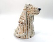 Keramik-Hund mit treuherzigem Blick, creme, braune Streifen. Einzigartige Deko für Wohnzimmer, Büro, Garten (frostbeständig), Hundeliebhaber