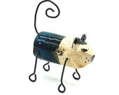 blaue Keramik Katze mit Metallelementen, minimalistischer Stil, handgemachte Deko-Figur Wohnzimmer, Büro, Geschenk für Katzenliebhaber