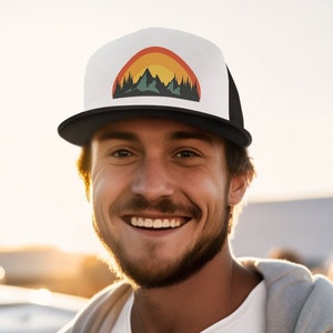 Retro Trucker hat. Mountain sunrise trucker cap. Vintage 80&#39;s vibe trucker mesh baseball hat. Embrace nostalgic vibes