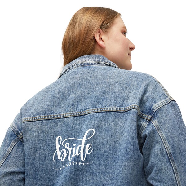 Women's Denim Jacket with Bride on the back. Bride jean jacket. Bridal jacket. Bachelorette jacket for bride.