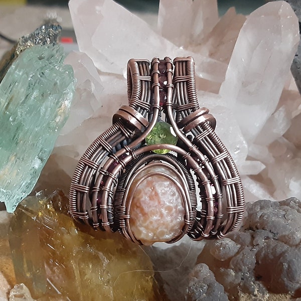 Woven Wire Wrapped Pendant with Gobi Agate, Rhodolite Garnets, and Green Amethyst