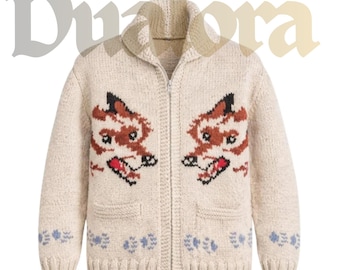 Cardigan da uomo in maglia jacquard con motivo lupo, maglione nordico con zip, misto acrilico, stile cottagecore