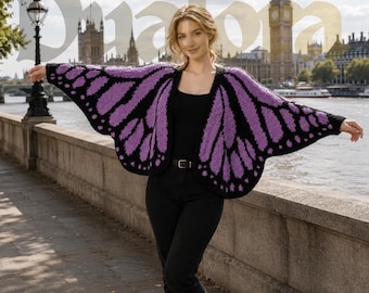 Cárdigan de ganchillo con diseño de mariposa monarca, suéter estilo boho con alas extragrandes para mujer.