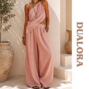 Completo due pezzi da donna, completo in lino monospalla, completo con pantaloni a gamba larga, completo boho coordinato, abbigliamento da resort, outfit per le vacanze