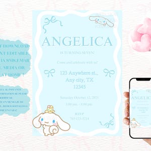 Kawaii cute Cinnamon roll Editable Invitation Coquette Birthday Party Digital Invite cinnamon roll Kitty blue Download Printable Invitation