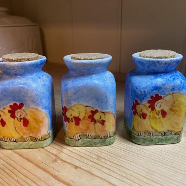 Trio of mini chicken design cork storage jars bottles blue cottage core kitchen