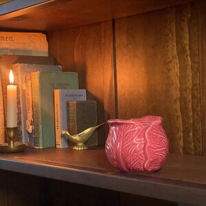 May include: A wooden shelf holds a lit candle in a brass holder, a collection of vintage books, and a pink cabbage-shaped ceramic pot. The books have green, blue, and orange covers. A small brass bird figurine is also present.
