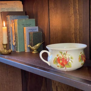 May include: A white ceramic bowl with a strawberry design on a wooden shelf. The bowl has a handle and is decorated with red strawberries and green leaves. Other items on the shelf include books, a candle, and a brass bird figurine.