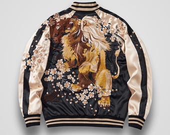 Vintage Sukajan Bomber Jacket – Embroidered Lion & Sakura Japan Streetwear