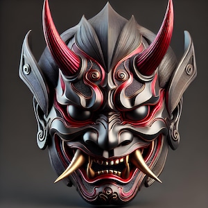 May include: A black and red Oni mask with intricate details and gold accents. The mask has a fierce expression with sharp teeth and horns.