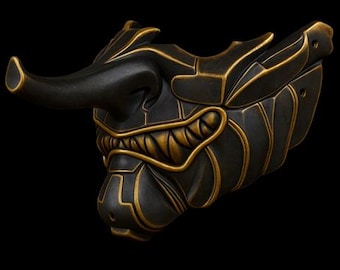 Rhino Oni Samurai Mask – Black & Gold 3D Print Model (STL)