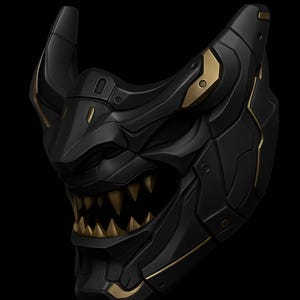 Könnte beinhalten: Eine schwarze und goldene Oni-Maske mit scharfen Zähnen und einem bedrohlichen Ausdruck. Die Maske hat ein detailliertes, eckiges Design mit goldenen Akzenten, was auf eine futuristische oder Cyberpunk-Ästhetik hindeutet. Die Maske ist vor einem schwarzen Hintergrund platziert.
