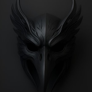 Könnte beinhalten: Eine detaillierte, schwarze Maske mit einem vogelartigen Design. Die Maske hat einen langen Schnabel, Augenlöcher und komplizierte federartige Details. Die Maske ist symmetrisch und scheint aus einem matten Material zu bestehen, vor dunklem Hintergrund.