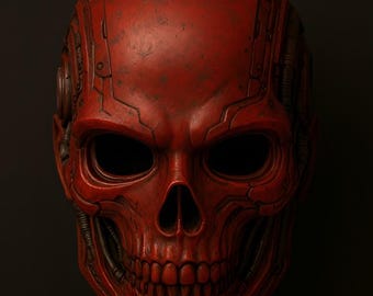 May include: A detailed, red skull mask with a metallic, futuristic design. The mask features intricate lines, mechanical details, and empty eye sockets, creating a striking and ominous appearance. The mask is likely for cosplay or costume use.