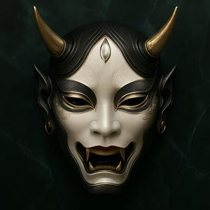 Puede incluir: Máscara de demonio japonés ornamentada. La máscara presenta una cara blanca con cabello y detalles negros, cuernos dorados y detalles dorados alrededor de los ojos y la boca. La expresión es feroz, con colmillos visibles.