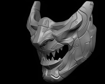 3D Printable Mecha Oni Mask: Cyberpunk Samurai Armor STL (digital