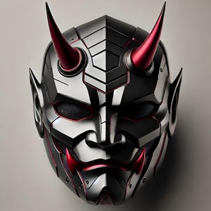 May include: A black and red metallic helmet with a demon-like design. The helmet has two large horns and a detailed face mask.