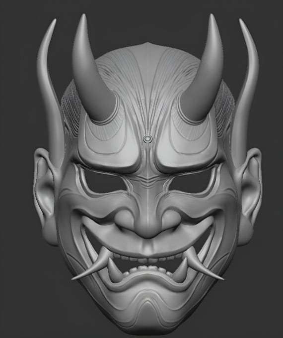 Japanese Oni Mask STL – Black and Gold Hannya Demon Design (for 3D