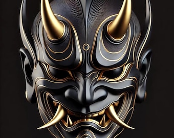 Japanese Oni Mask STL – Black and Gold Hannya Demon Design (For 3D Printing)