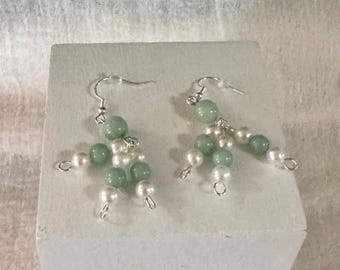 Elegant light blue Jade & Pearl cluster earrings.