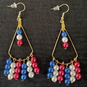 Patriotic dangle earrings-Red, White and Blue beads on a gold plated frame