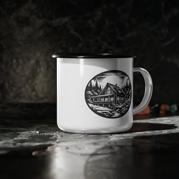 Cabin in the woods landscape coffee mug, fun gift for that special someone in your life. Great for travel, picnics, vacation and camping.