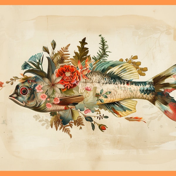 19th Century Style Fish and Botanicals, Wildlife, Flora and Fauna Academic Collage Illustration Digital Print