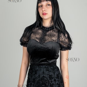 Gothic Black Lace Velvet Dress Women Victorian Blouse Dark Aesthetic Alt Fashion Bold Look Events Parties Festivals