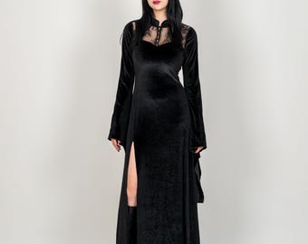 Black Velvet Gothic Dress ,Lace Neckline Victorian Witch Maxi Dress, Halloween Outfit ,Perfect Gift For