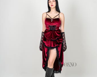 Gothic Velvet Corset Dress Red Victorian High Low Hem Cross Pendant Dark Romantic Witchcore Outfit Alternative Festival Clothing Women