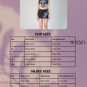 May include: A woman models a denim crop top and mini skirt set with cross-shaped embellishments. The top length is 30 cm/11.8 in for size S, up to 34 cm/13.4 in for XXL. The skirt waist is 66 cm/26.0 in for size S, up to 82 cm/32.3 in for XXL.