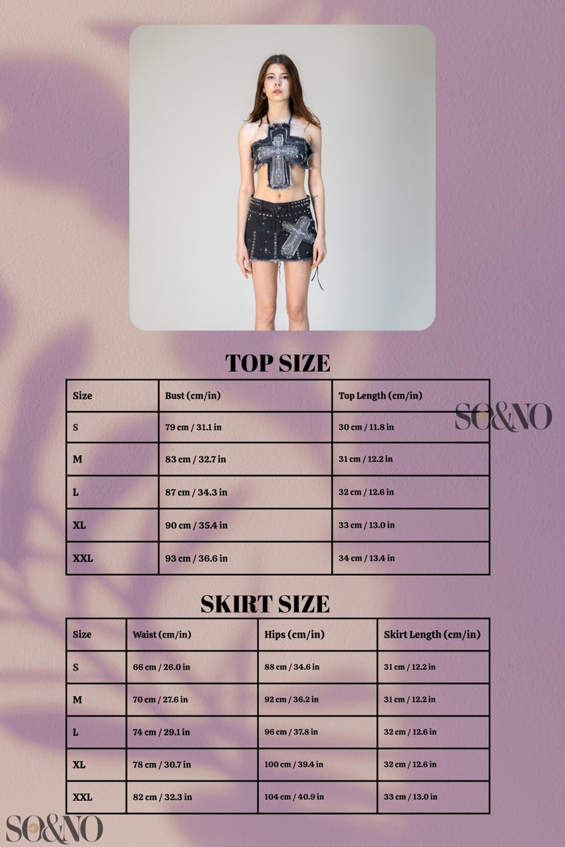 May include: A woman models a denim crop top and mini skirt set with cross-shaped embellishments. The top length is 30 cm/11.8 in for size S, up to 34 cm/13.4 in for XXL. The skirt waist is 66 cm/26.0 in for size S, up to 82 cm/32.3 in for XXL.
