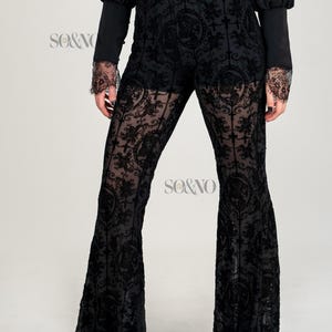 Gothic Black Lace Trim Flared Pants for Women Velvet Victorian Palazzo Trousers Witchy Alt Fashion Statement Piece for Bold Style