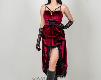 Gothic Wedding Victorian Burgundy Velvet Corset Dress with Cross Detail, Lace High Low Hem, Steampunk Bridal Gown, Alternative Wedding Dress