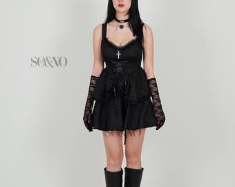 Gothic Black Lace Corset Dress With Cross Pendant, Ruffled Mini Dress For Women, Witchy Aesthetic Outfit, Alternative Party Look