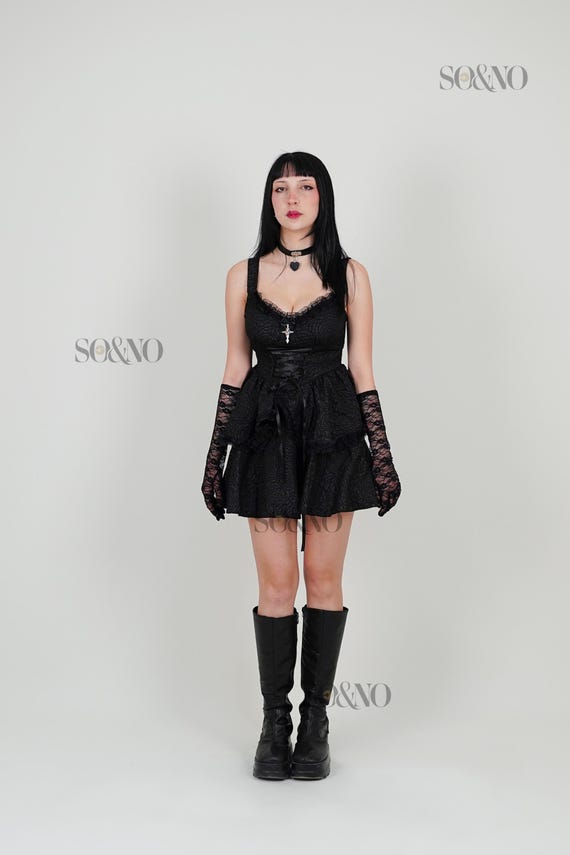 Gothic Black Lace Corset Dress With Cross Pendant, Ruffled Mini Dress For Women, Witchy Aesthetic Outfit, Alternative Party Look Gothic Black Lace Corset Dress With Cross Pendant, Ruffled Mini Dress For Women, Witchy Aesthetic Outfit, Alternative Party Look