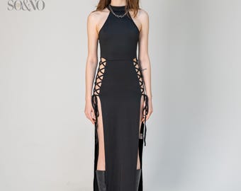 Black sleeveless bodycon maxi dress, Rave Bodysuit, high side slits, lace up cut out details, edgy party clubwear, festival outfit for women