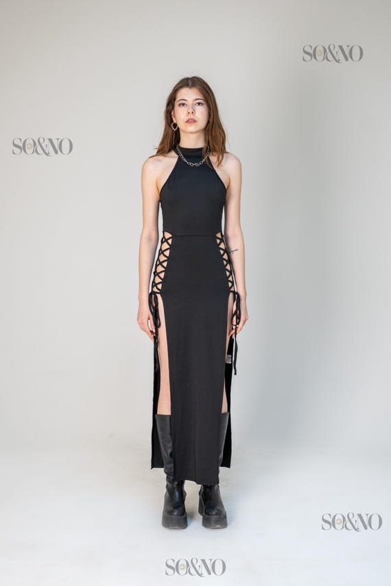 Rave Bodysuit,festival Outfit for Women,black Sleeveless Bodycon Maxi Dress,  High Side Slits, Lace up Cut Out Details, Y2K Outfit - Etsy UK