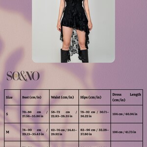 May include: Size chart for a black lace dress with a high-low hemline. The chart shows measurements in inches and centimeters for bust, waist, hips, dress length, and size: S, M, and L.