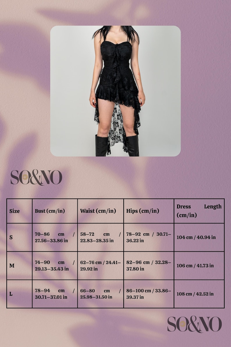May include: Size chart for a black lace dress with a high-low hemline. The chart shows measurements in inches and centimeters for bust, waist, hips, dress length, and size: S, M, and L.