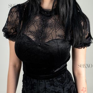 Gothic Lace Velvet Crop Top ,Victorian Blouse ,Black Lace Shirt Steampunk Top Edgy Fashion Bold Look Events Parties