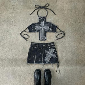 Y2K gothic denim two piece set with cross patch crop top and ripped black mini skirt, punk grunge streetwear handmade outfit