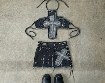 Y2K gothic denim, two piece set with cross patch crop top and ripped black mini skirt, punk grunge streetwear handmade outfit